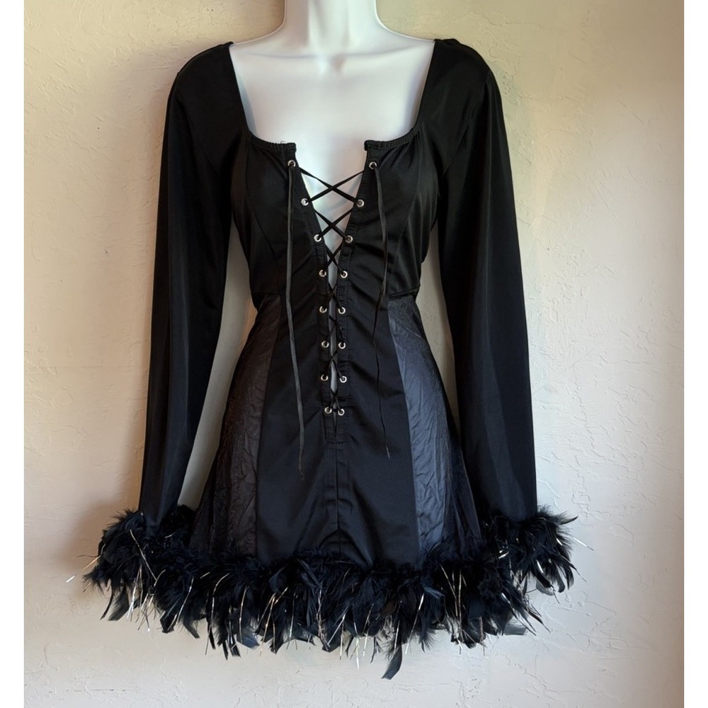 Y2K Dreamgirl Lace Up Feather Mini Dress M Gothic Fairy Fantasy Mall Goth Vamp